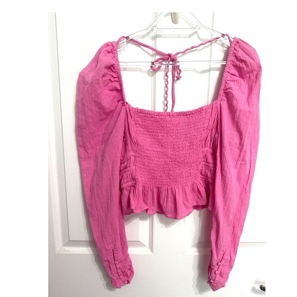 Free People Chole Cropped Top Blouse Ruffle Puffed Sleeves Smocked Pink Medium - Picture 5 of 10